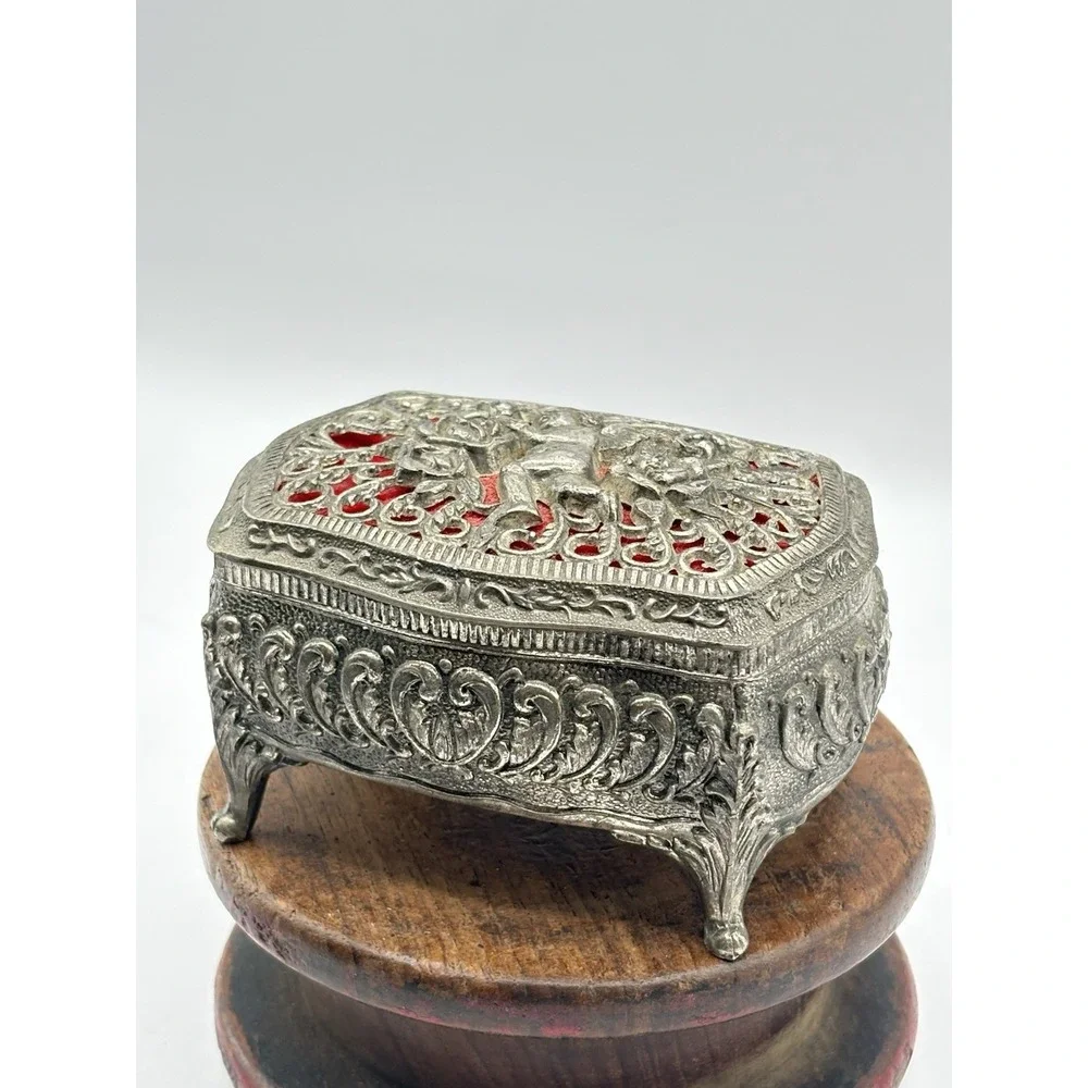 Vintage Filagree Footed Jewelry Box Casket Ornate Angel Red Velvet Lining Japan